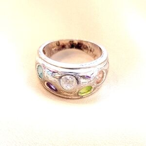 Silver Ring With Multi-Color Gemstones. Stamped 925